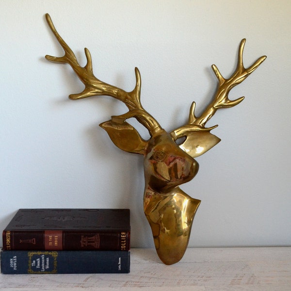 Vintage Brass Deer Faux Taxidermy, Metal Animal Head, Mantel Statement Piece, Heavy Hollywood Regency Decor