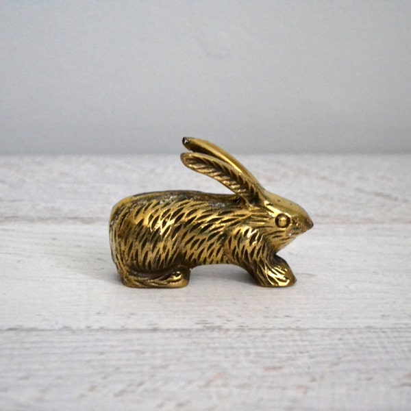 Vintage Brass Figurine, Bunny Rabbit, Gold Tone Hollywood Regency Lucky Paperweight, Shelf Sitter