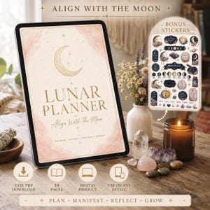 Lunar Planner PDF 50 Pages, Moon Phase Journal Printable, New Full Moon Ritual Planner, Digital Download, Free Moon Stickers Included