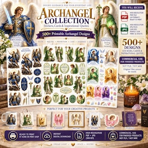Puede incluir: Una colección digital de más de 500 diseños de arcángeles imprimibles que incluye pegatinas, tarjetas y citas inspiradoras. El conjunto contiene archivos PDF y JPG de alta resolución para uso comercial con ilustraciones angelicales.
