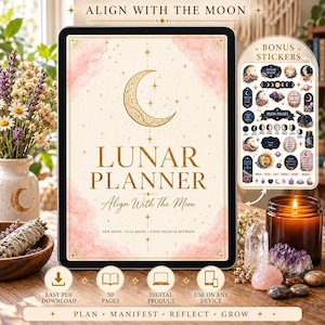 May include: A digital lunar planner displayed on a tablet screen with a cream background, pink clouds, and gold moon graphics. The text reads LUNAR PLANNER and ALIGN WITH THE MOON. A separate sheet of bonus stickers and icons for digital use is included.