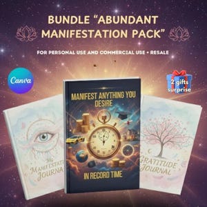 Puede incluir: Un conjunto de diarios con el texto "BUNDLE 'ABUNDANT MANIFESTATION PACK'" y "MANIFEST ANYTHING YOU DESIRE". Los diarios incluyen "My Manifestation Journal" y "Gratitude Journal". La imagen también incluye el logotipo de Canva y el texto "FOR PERSONAL USE AND COMMERCIAL USE + RESALE".
