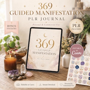 Puede incluir: Una tableta digital que muestra una portada de diario 369 Guided Manifestation con texto dorado, una luna creciente y un gráfico de loto. La pantalla muestra el texto: 369 GUIDED MANIFESTATION, WRITE IT, FEEL IT, RECEIVE IT, Align, Believe, Manifest.