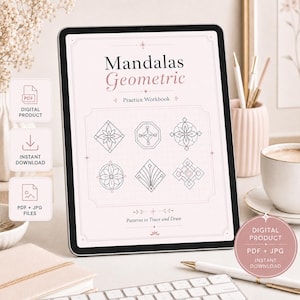 Puede incluir: Una tableta digital que muestra un libro de ejercicios titulado Mandalas Geometric con seis patrones de líneas negras sobre un fondo rosa pálido. La pantalla muestra texto que incluye Practice Workbook y Patterns to Trace and Draw, junto a iconos de archivos PDF y JPG.