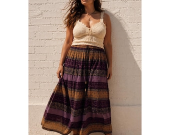 Vintage Sag Hafen Lila Gold Rayon Block Print Boho Midi Rock Uhr