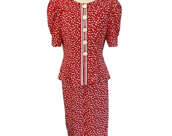 Spódnica Vintage Leslie Fay w czerwone groszki z baskinką w stylu rockabilly z lat 80., rozmiar S