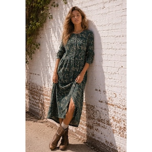 Vintage LL Bean Green Cotton Floral Maxi Dress Cottagecore Pockets Medium
