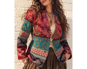 Vintage Coldwater Creek Red Floral Tapestry Blazer Jacket Boho Tuscan Mom W18