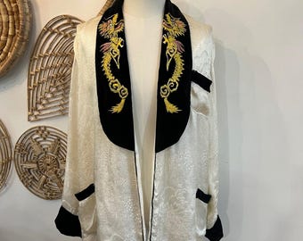 Vintage Dragon Embroidered Silk Brocade Kimono Jacket Duster M