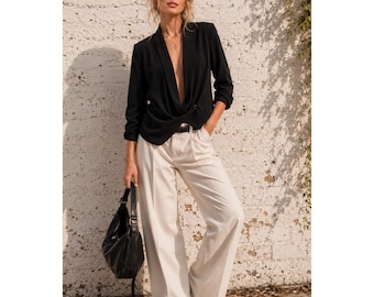 Hinge Black Silk Open Front Blazer Drape Collar Minimalist Y2K Career Size S