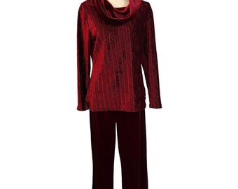 Coldwater Creek Red Velvet Pant Set Cowl Neck Textured Chevron Petite Medium PM