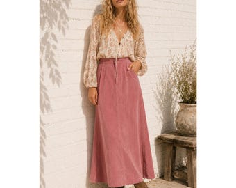 Vintage Pinker Cord Maxi Maxi Rock Baumwolle A Linie Cottagecore 90er Jahre High Waist M