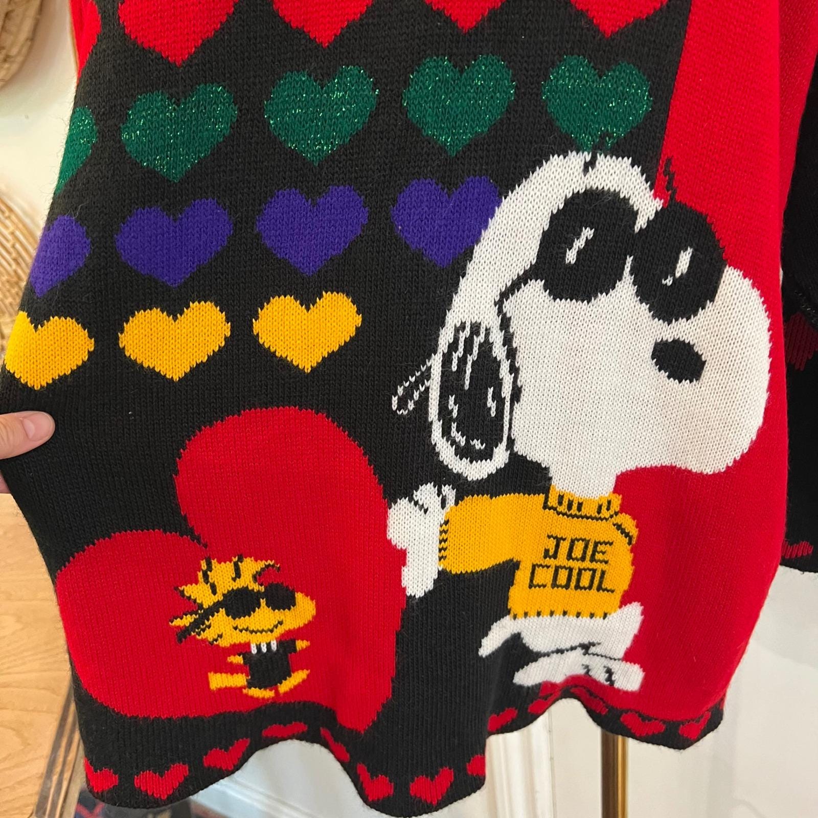Vintage Peanuts Black Knit Snoopy Joe Cool Heart Sweater Oversized