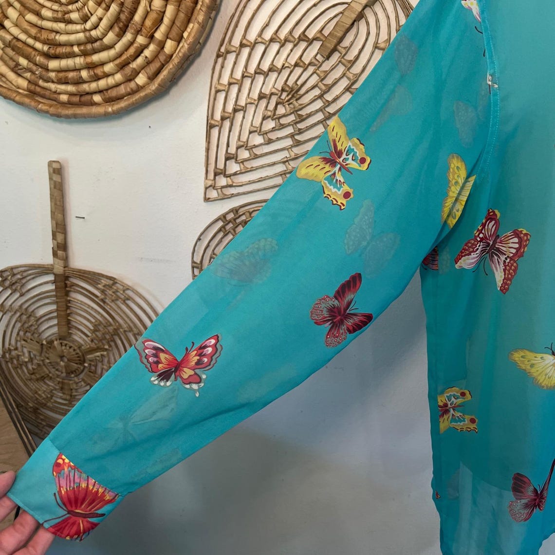 Vintage Kensington Lane Teal Silk Butterfly Print Button Down Shirt Large, Foto 4 von 5