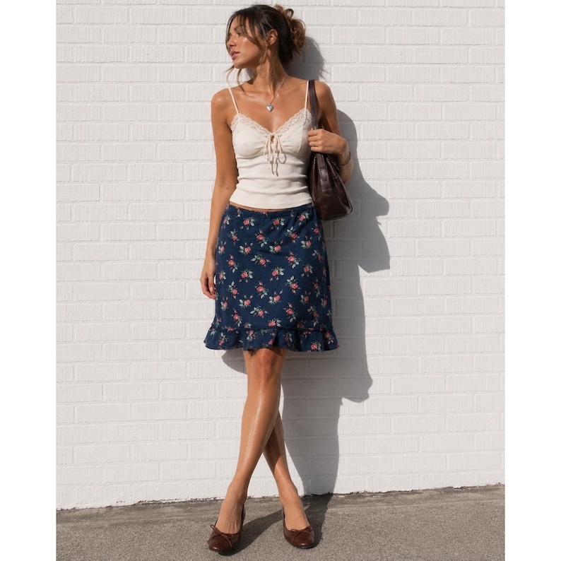 Liz Claiborne Blue Tencel Floral Rose Ruffle Hem Midi Skirt Cottagecore Size 10 image 1