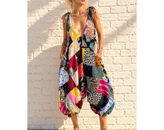 Harem Jumpsuit Cotton Distressed Patchwork Boho Floral Animal Print Vintage L