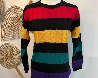 Jersey de punto trenzado a rayas multicolor vintage con cuello redondo, estilo retro arcoíris, talla M