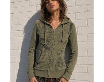 Vintage BCBG Green Cotton Zip Hoodie Graphic Y2K Fairy Grunge Size L