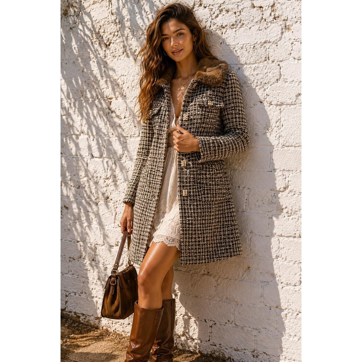 Vintage Trina Turk Wool Tweed Coat Faux Fur Collar Tailored Jacket