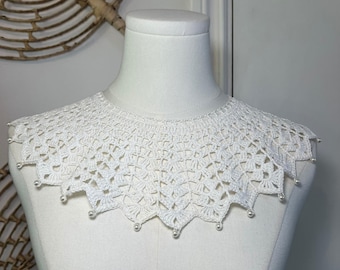 Cuello de encaje vintage de ganchillo desmontable con perlas, estilo cottagecore y balletcore