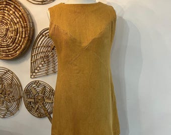 Vintage Mustard Tweed Shift Dress Sleeveless 60s Mod Minimalist S