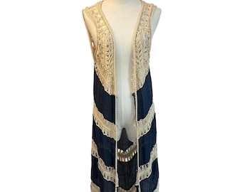 ヴィンテージ ボヘミアン ダスターベスト かぎ針編み マクラメ フェスティバル ロングベスト M