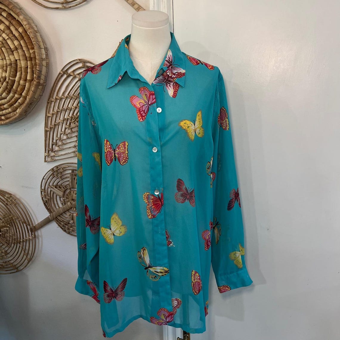 Vintage Kensington Lane Teal Silk Butterfly Print Button Down Shirt Large, Foto 2 von 5