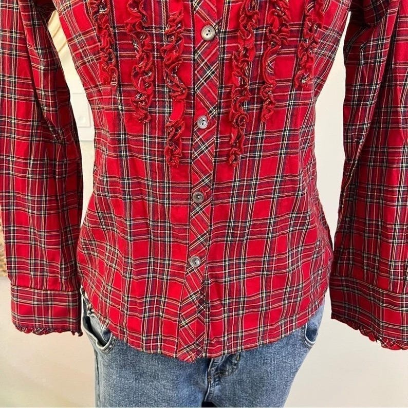 Pendleton Red Cotton Plaid Ruffle Front Western Button Down Shirt Petite P image 4