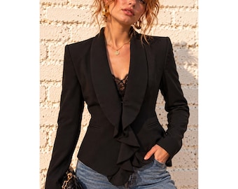 Vintage H&M Black Viscose Blend Ruffle Front Shawl Collar Y2K Blazer Size 12