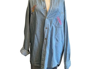 Camisa vaquera vintage extragrande con botones, bordada, azul, estilo grunge Y2K, talla 2XL
