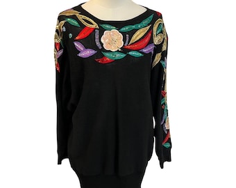 Jersey vintage negro con lentejuelas y bordado floral, talla S