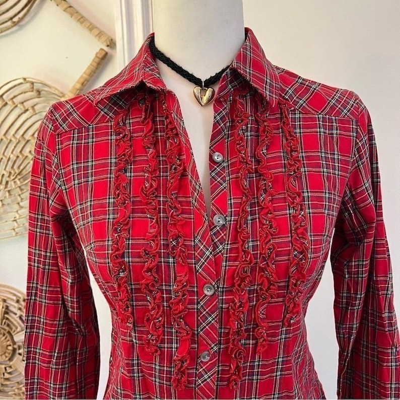Pendleton Red Cotton Plaid Ruffle Front Western Button Down Shirt Petite P image 3
