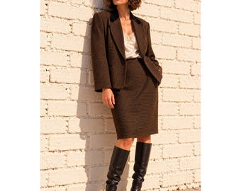 Vintage Woodward & Lothrop Brown Wool Houndstooth Skirt Suit Velvet Collar 12