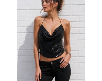 Top corto vintage negro con lentejuelas y cuello drapeado, ideal para fiestas y clubes, estilo Y2K, talla grande.