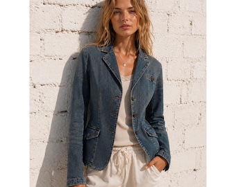 Vintage New York & Company Blue Denim Blazer Jacket Fitted Y2K Utility Size 4