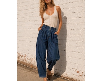 Vintage Plissee Barrel Leg Jeans Hohe Taille Dark Wash Tapered Mom Jeans 12
