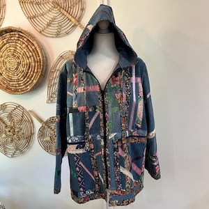 ヴィンテージパッチワークキルティングジャケット フード付き ボヘミアン風 オーバーサイズ デニムコート L XL