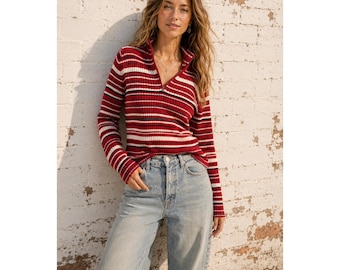 Suéter vintage Tommy Hilfiger Hong Kong de algodón con cremallera de un cuarto y rayas, estilo preppy Y2K, talla L