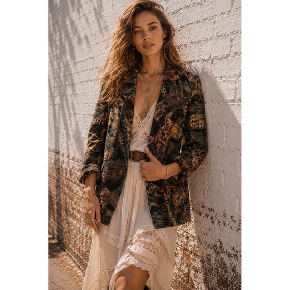 Vintage Lawrence Philadelphia Tapestry Blazer Jacket Scenic Floral