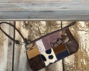 Coach Brown Patchwork Canvas Suede Wristlet Y2K Boho Small