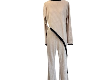 Vintage Tan Plisse Asymmetrical Tunic and Wide Leg Pant Set Modernist Medium