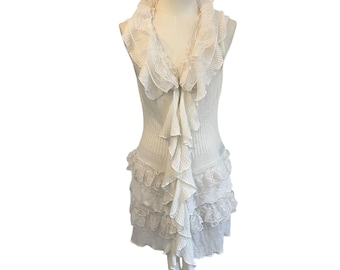 Vintage White Lace Ruffle Knit Tunic Dress Coquette Boho Balletcore M