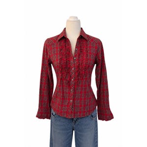 Pendleton Red Cotton Plaid Ruffle Front Western Button Down Shirt Petite P image 2