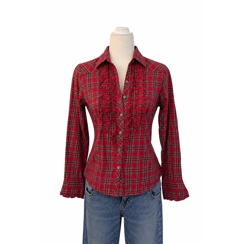 Pendleton Red Cotton Plaid Ruffle Front Western Button Down Shirt Petite P image 2