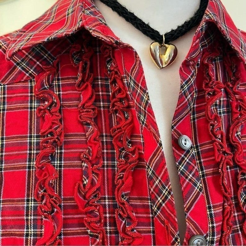 Pendleton Red Cotton Plaid Ruffle Front Western Button Down Shirt Petite P image 9