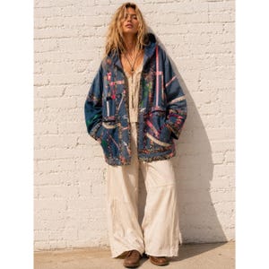 vintage veste matelassée en patchwork à capuche bohème manteau en jean surdimensionné L XL