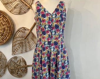 Vintage Floral Romper Skort Fit Flare Cottagecore Tie Back 90s M