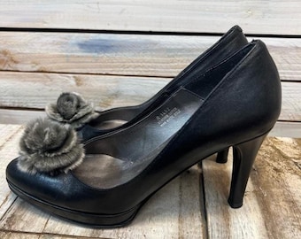 Carisima Black Leather Mink Fur Pom Pom Platform Stiletto Heels Size 8.5
