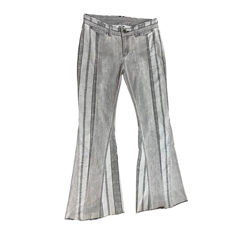Free People Gray Embroidered Flare Jeans Low Rise Y2K Boho Festival XL image 1