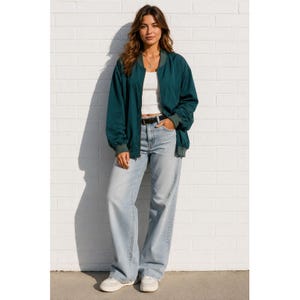Vintage blågrön bomberjacka i 100 % siden med dragkedja, överdimensionerad, streetwear, XL